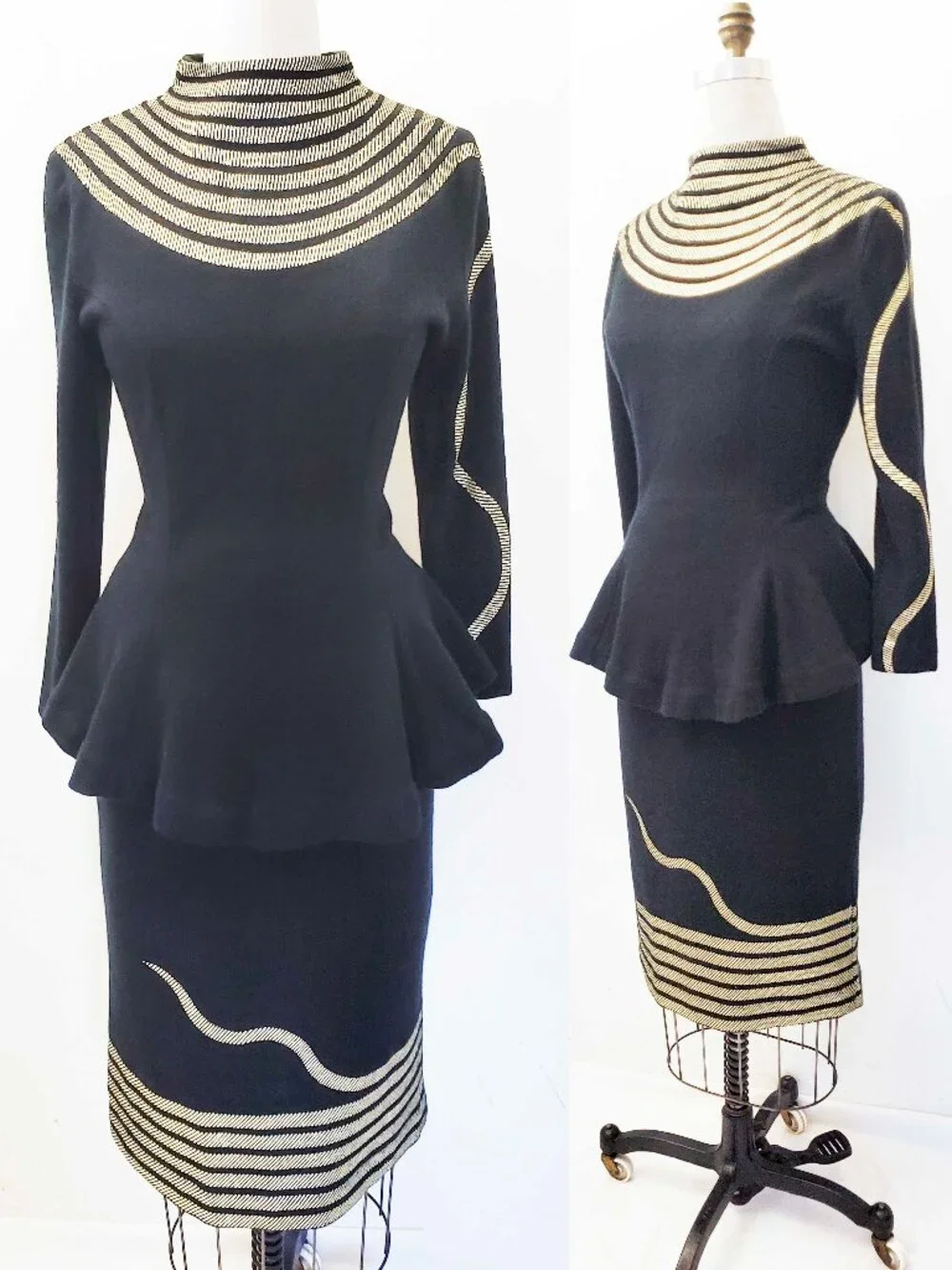 VTG  Lisandro Sarasola Womens Black Gold 2 Piece Knit Set Sweater Skirt Cashmere